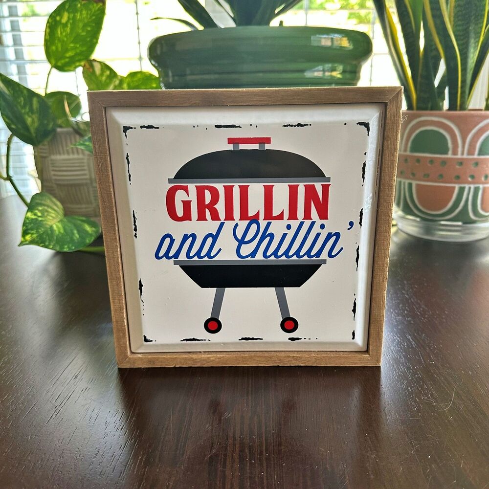 Wall Art "Grillin And Chillin" Wooden Frame Country Western Barbeque